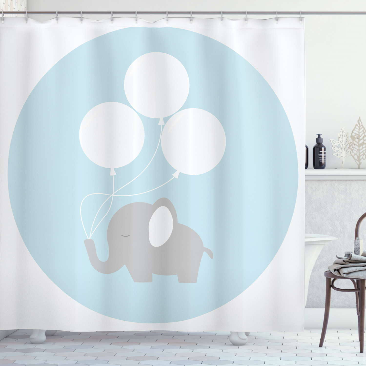 Elephant Travel by Balloon Shower Curtain Waterproof Fabric Bathroom Hooks Mat Elephant Travel by Balloon Shower Curtain Waterproof Fabric Bathroom Hooks Mat